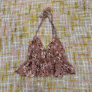 Zaful Floral Halter Crop Top in Pink and White